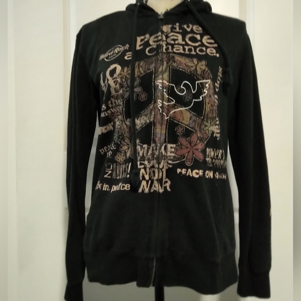 BRAND NEW Hard Rock Cafe Black Graphic Peace Zip-Up Hoodie- L